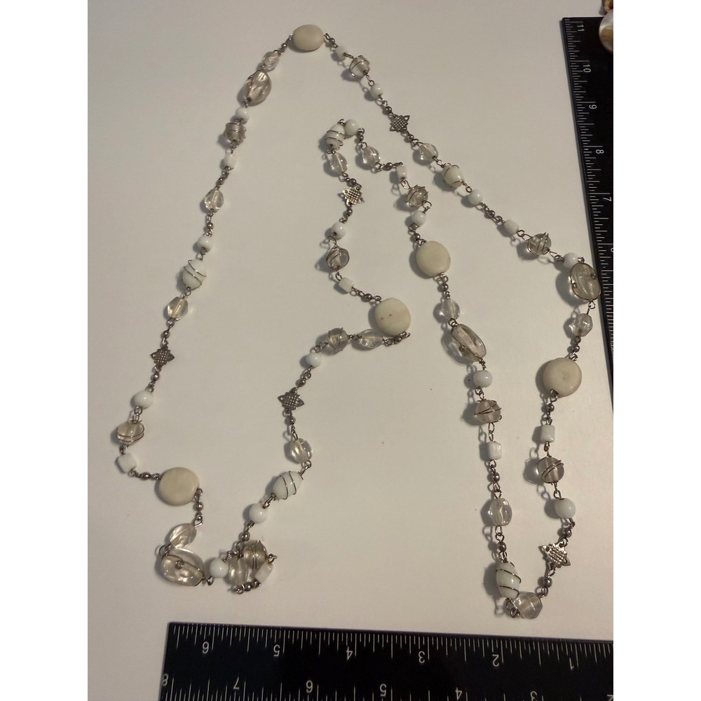 Vintage Long White‎ Cream Clear Art Glass Stone Bead Wire Wrapped Necklace 46 In